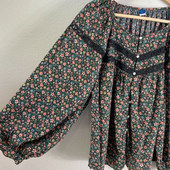 Old Navy Womens Large Floral Boho Blouse Black Multicolor Lace Trim Long Sleeves - Picture 9 of 10